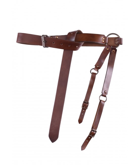 Cintura con spada medievale in pelle marrone.