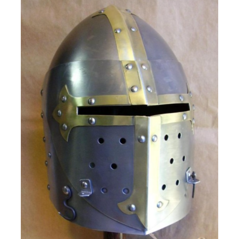 thumbnail interactive-video image 1 of Szco Brass Crusader Helmet - 18 Gauge Steel, Medieval Replica, Adult Size 1 of 11